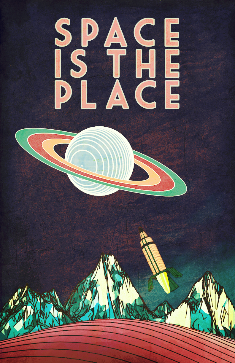 Poster with text and retro style rocket ship and planet