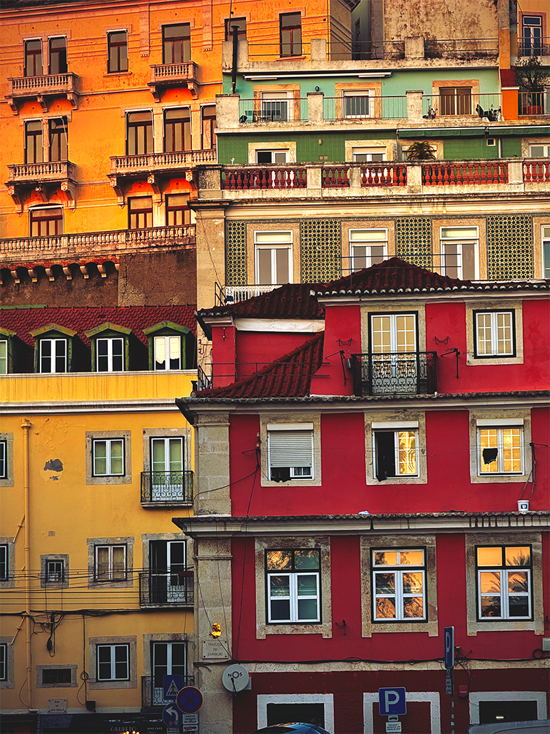 Close-up view of colorful houses on a Lisbon hillside